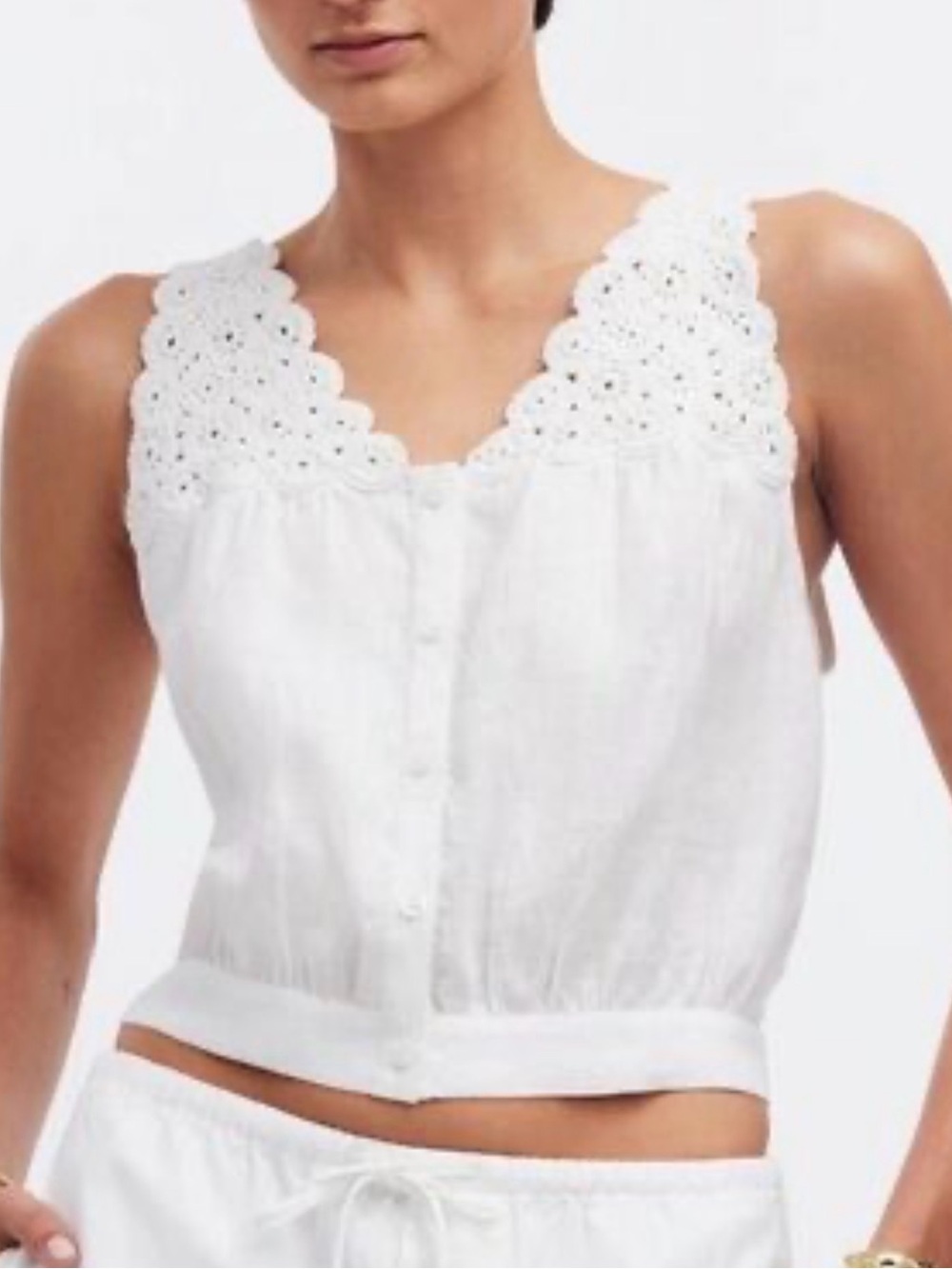 Madewell Crochet V-Neck Bubble Hem Delicate Button Front White Linen Coastal 2
